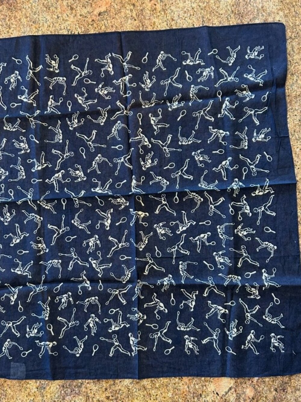 Vintage Cotton Navy and White Scarf Pocket Square w/ Tennis Theme Made in France